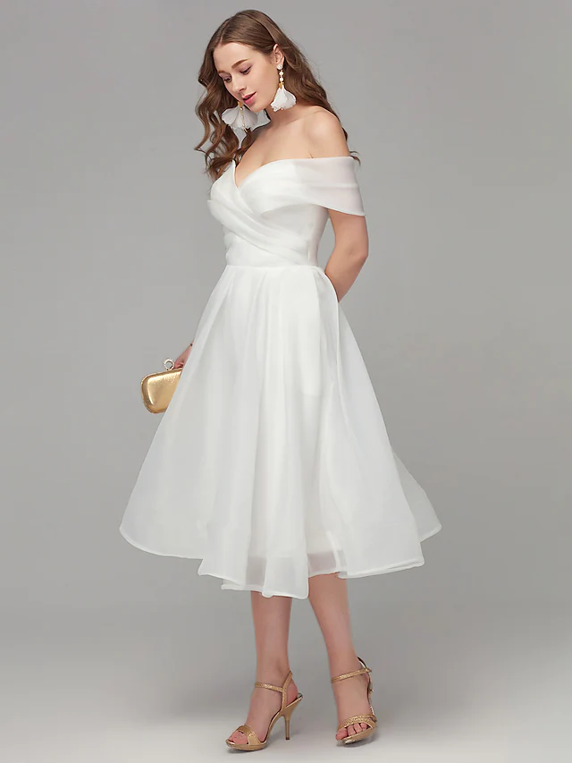 Luolandi A-Line Elegant Engagement Cocktail Party Dress Off Shoulder Sleeveless Tea Length Organza with Criss Cross